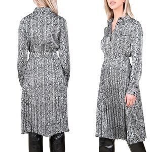 MOLLY BRACKEN Snake Print Long Sleeve Shirt Midi Dress Pleated Black Grey L